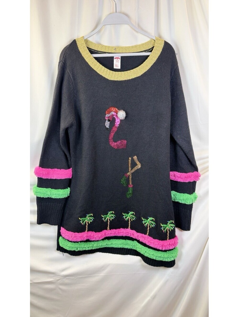 Holiday Time Women’s XL Black Christmas Flamingo Sequin Pullover Fringe Dress